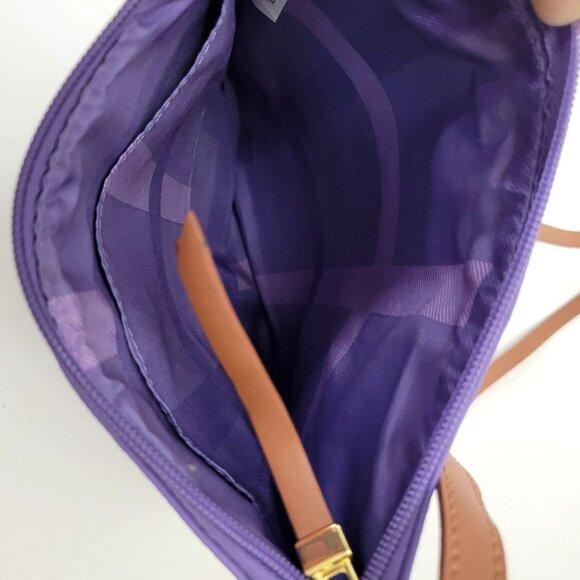 Joy Mangano Crossbody Bag Purple Faux Leather With Brown Strap Gold Zipper & Fro - Picture 4 of 6